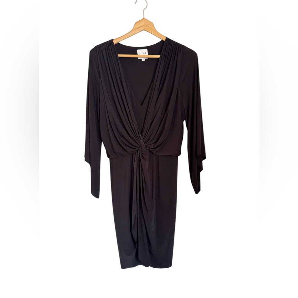 MISA Los Angeles Teget Black Knotted Twist Bell Sleeeve Jersey Knit Dress size M - Picture 2 of 7